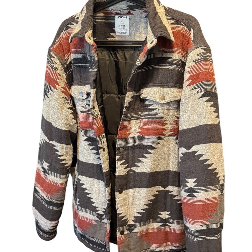 Sonoma Mens Grey Quilt Shirt Jacket Size Medium Aztec Southwestern Fall Winter